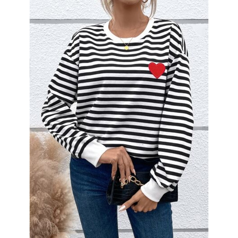 Heart Patch Striped Round Neck Long Sleeve Sweatshirt Clothing