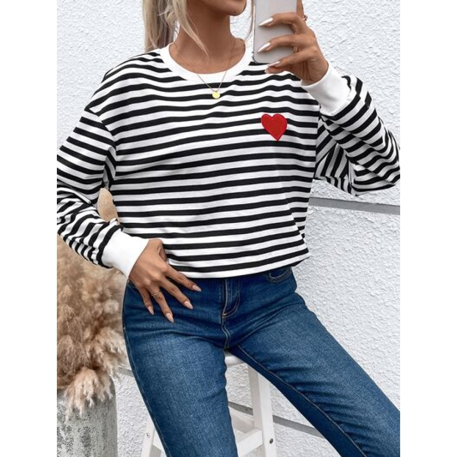 Heart Patch Striped Round Neck Long Sleeve Sweatshirt Clothing