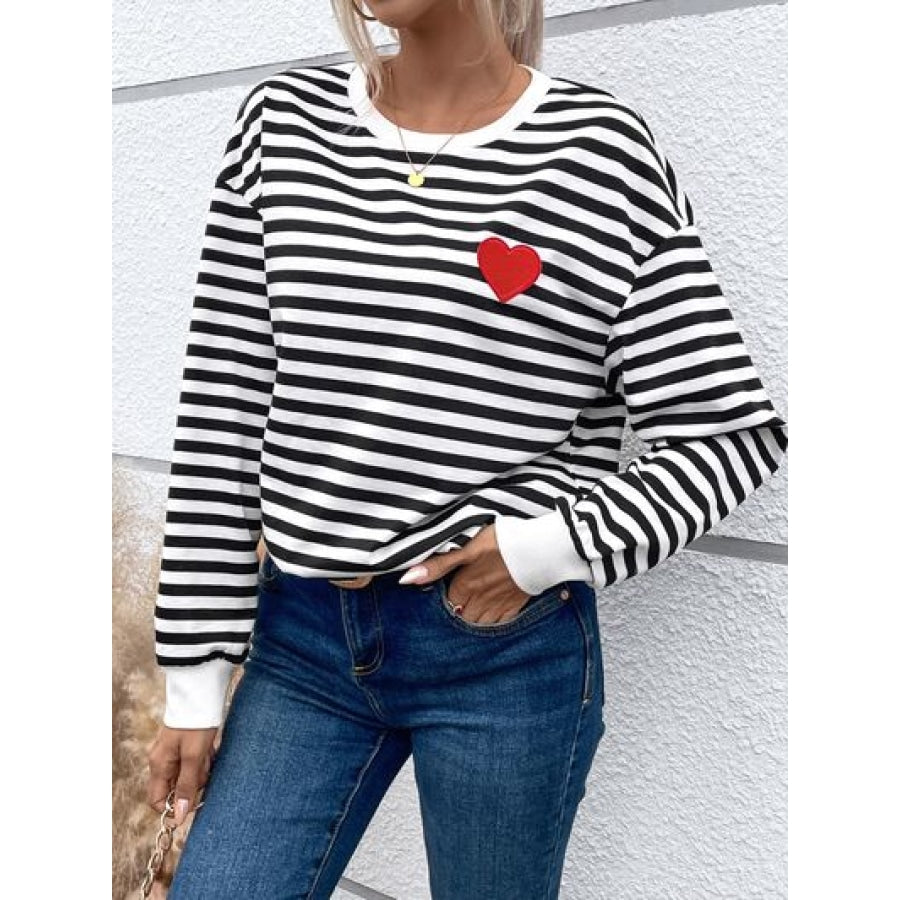 Heart Patch Striped Round Neck Long Sleeve Sweatshirt Clothing