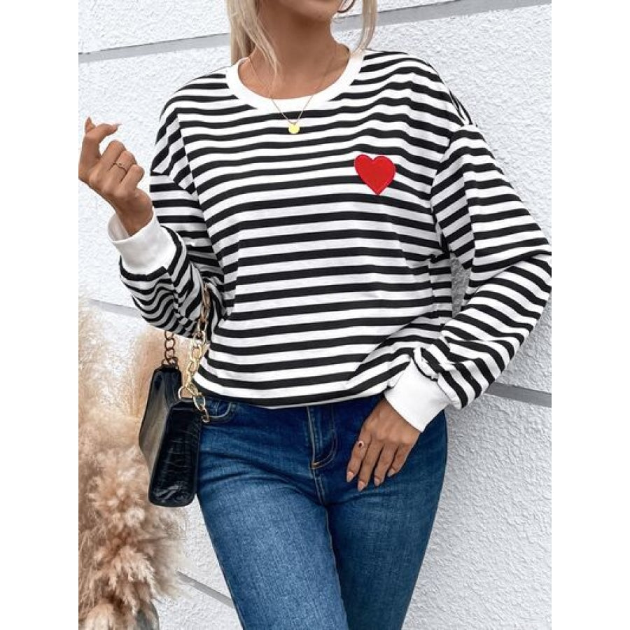 Heart Patch Striped Round Neck Long Sleeve Sweatshirt Clothing