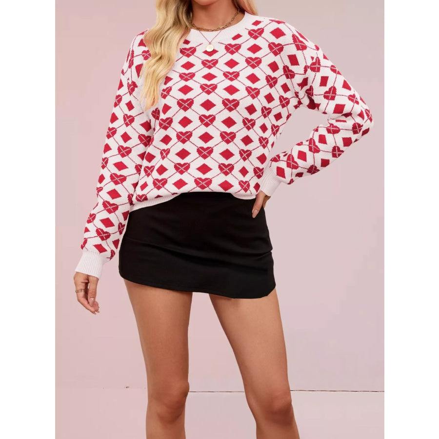 Heart Pattern Argyle Knit Long Sleeve Sweater Apparel and Accessories