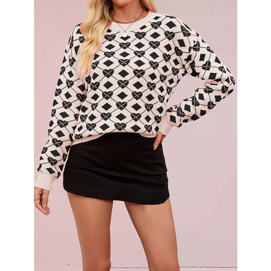 Heart Pattern Argyle Knit Long Sleeve Sweater Apparel and Accessories