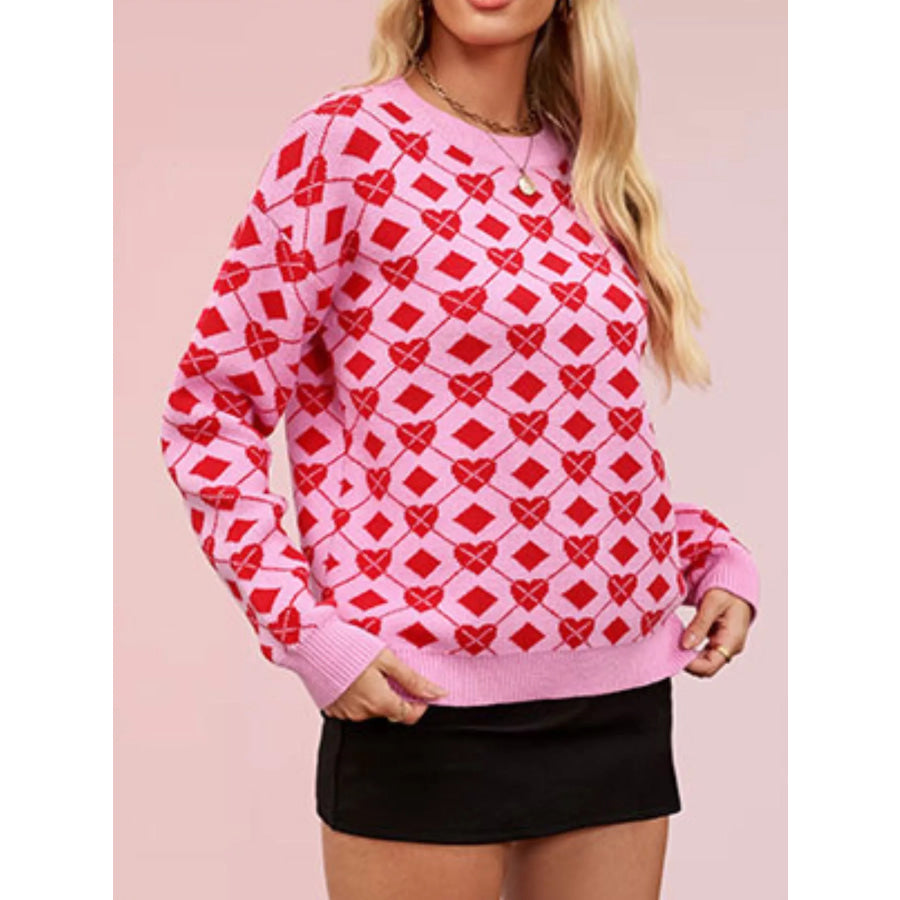 Heart Pattern Argyle Knit Long Sleeve Sweater Apparel and Accessories