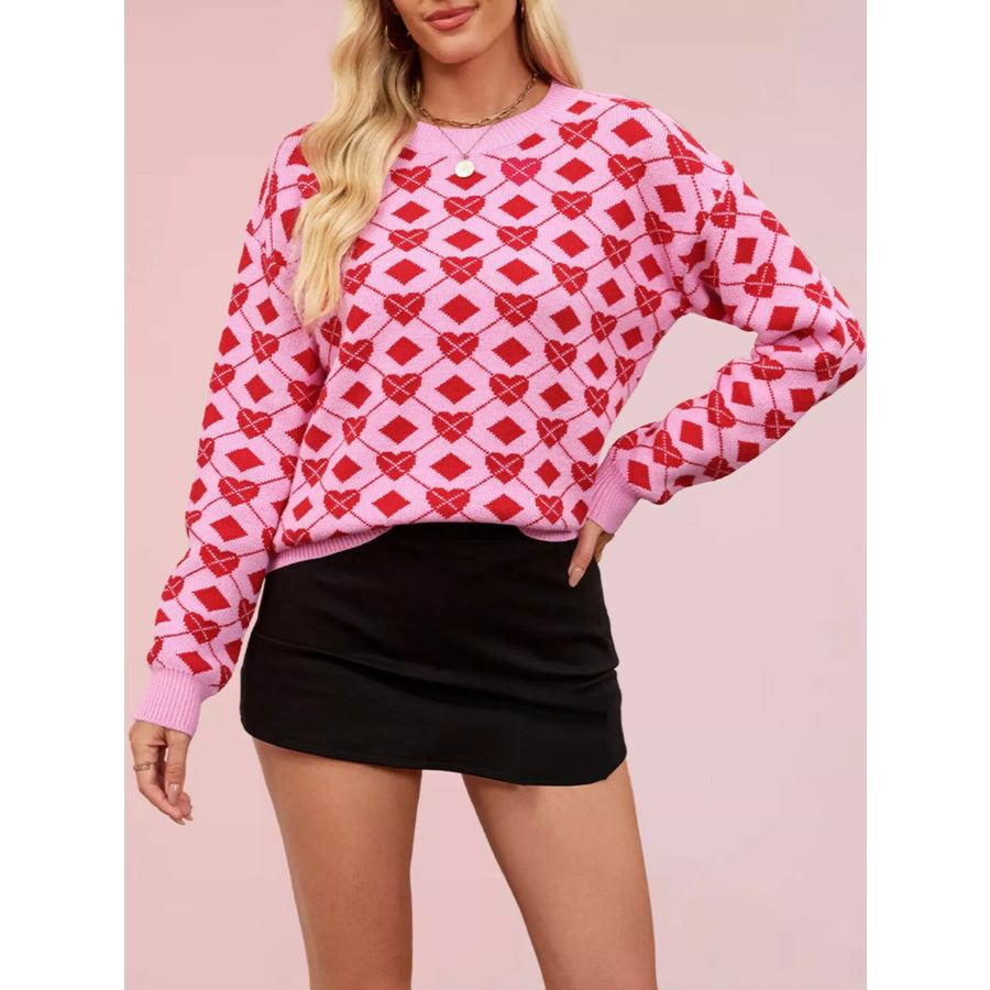 Heart Pattern Argyle Knit Long Sleeve Sweater Apparel and Accessories