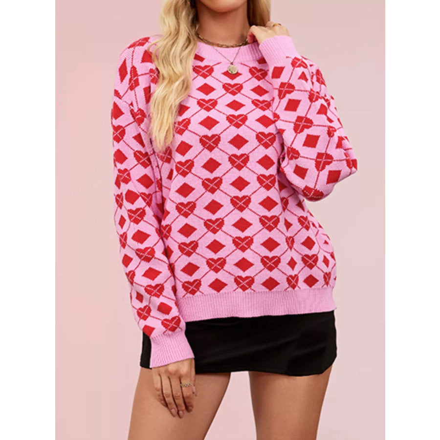 Heart Pattern Argyle Knit Long Sleeve Sweater Apparel and Accessories