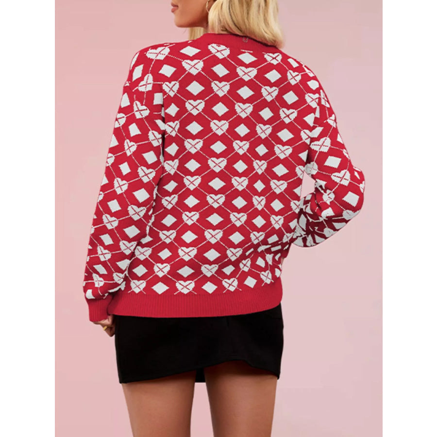 Heart Pattern Argyle Knit Long Sleeve Sweater Apparel and Accessories
