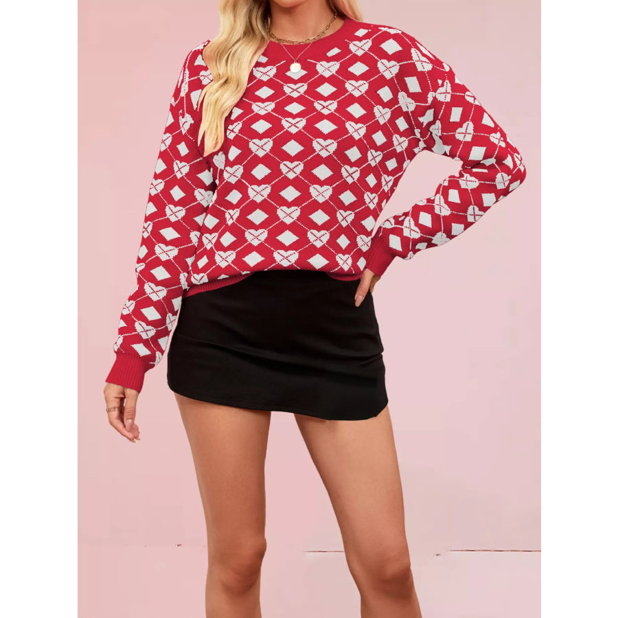 Heart Pattern Argyle Knit Long Sleeve Sweater Red / S Apparel and Accessories