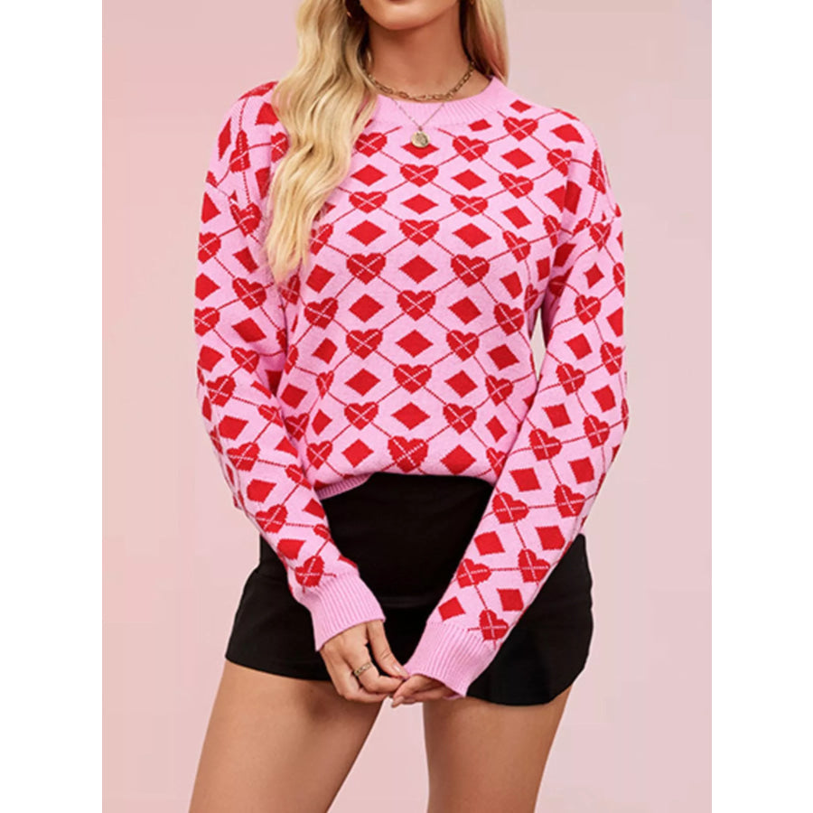 Heart Pattern Argyle Knit Long Sleeve Sweater Rose Red / S Apparel and Accessories