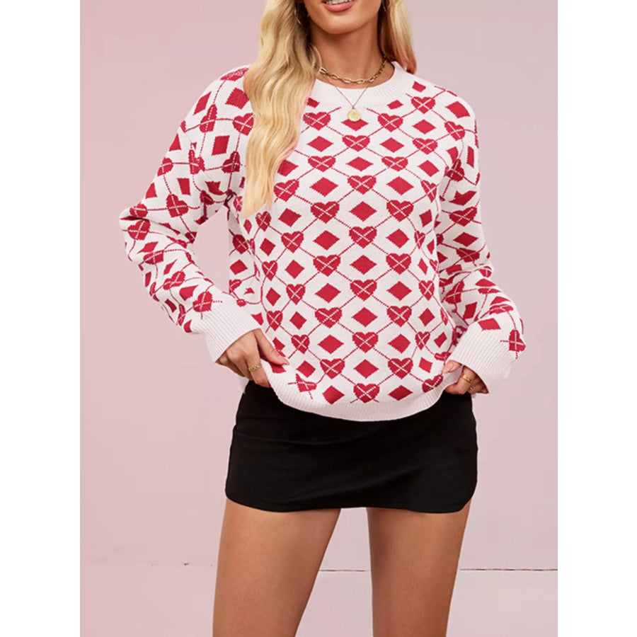 Heart Pattern Argyle Knit Long Sleeve Sweater White Red Heart / S Apparel and Accessories