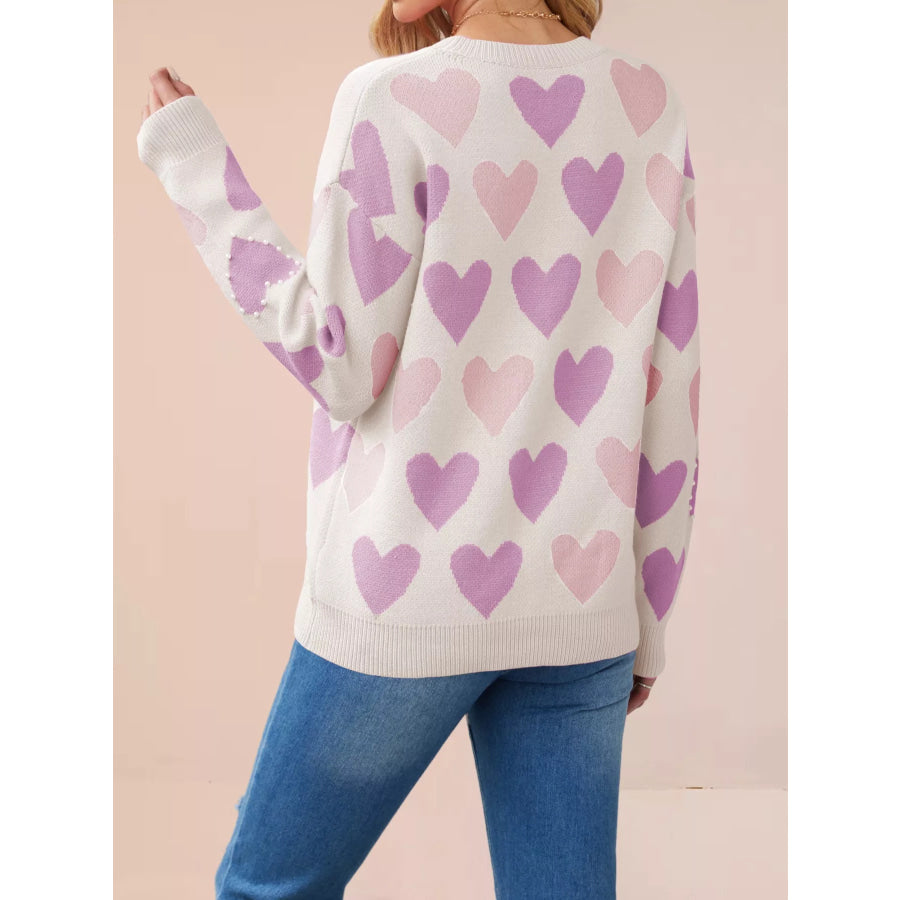 Heart Pattern Beaded Round Neck Sweater Apparel and Accessories