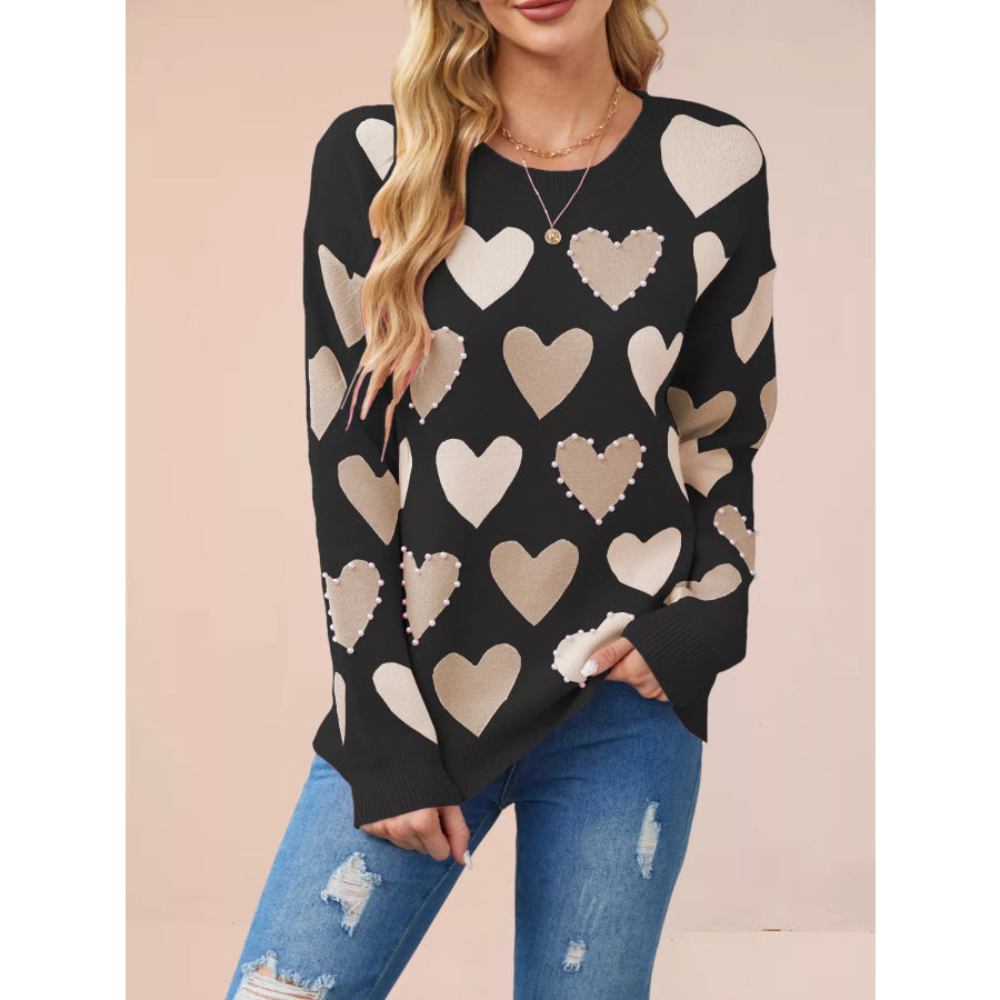 Heart Pattern Beaded Round Neck Sweater Apparel and Accessories