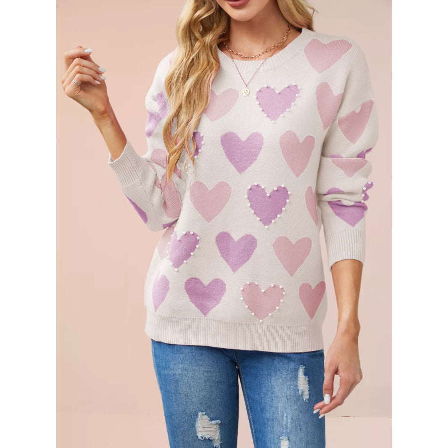 Heart Pattern Beaded Round Neck Sweater Apricot / S Apparel and Accessories