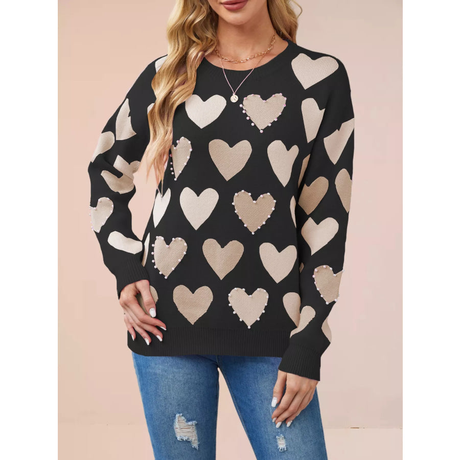 Heart Pattern Beaded Round Neck Sweater Black / S Apparel and Accessories