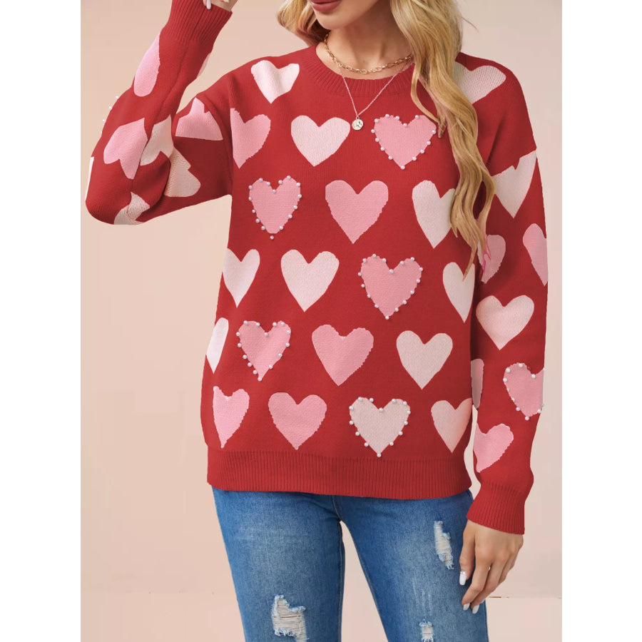 Heart Pattern Beaded Round Neck Sweater Red / S Apparel and Accessories