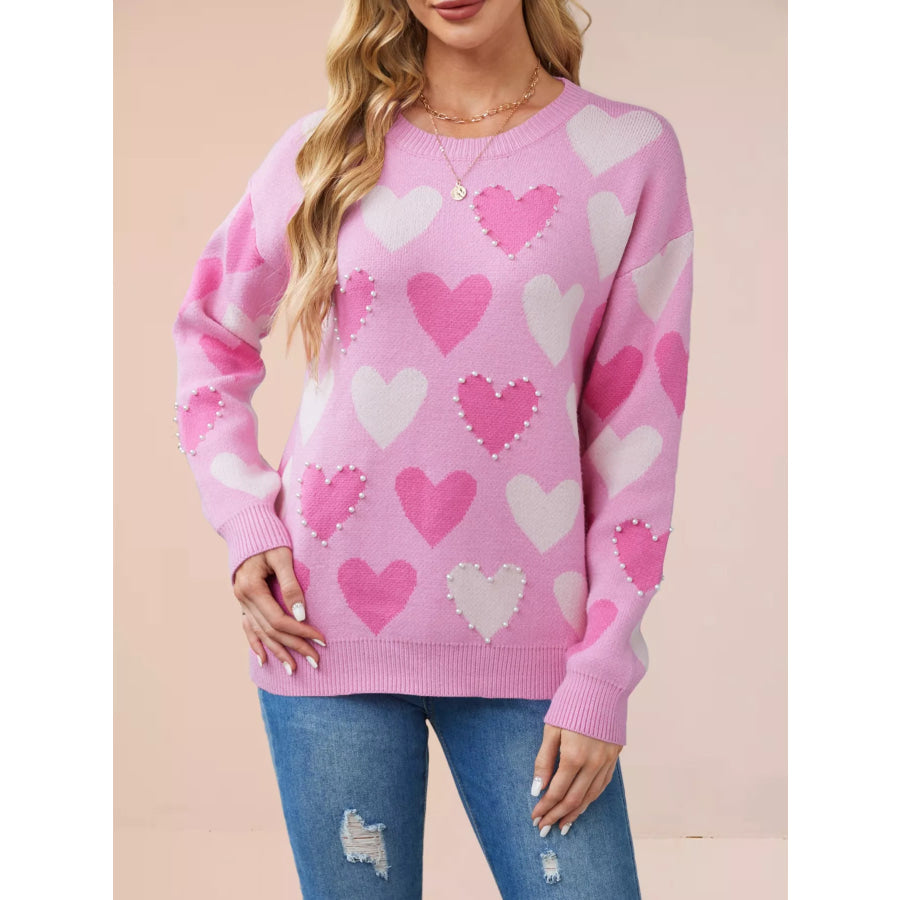 Heart Pattern Beaded Round Neck Sweater Rose Red / S Apparel and Accessories