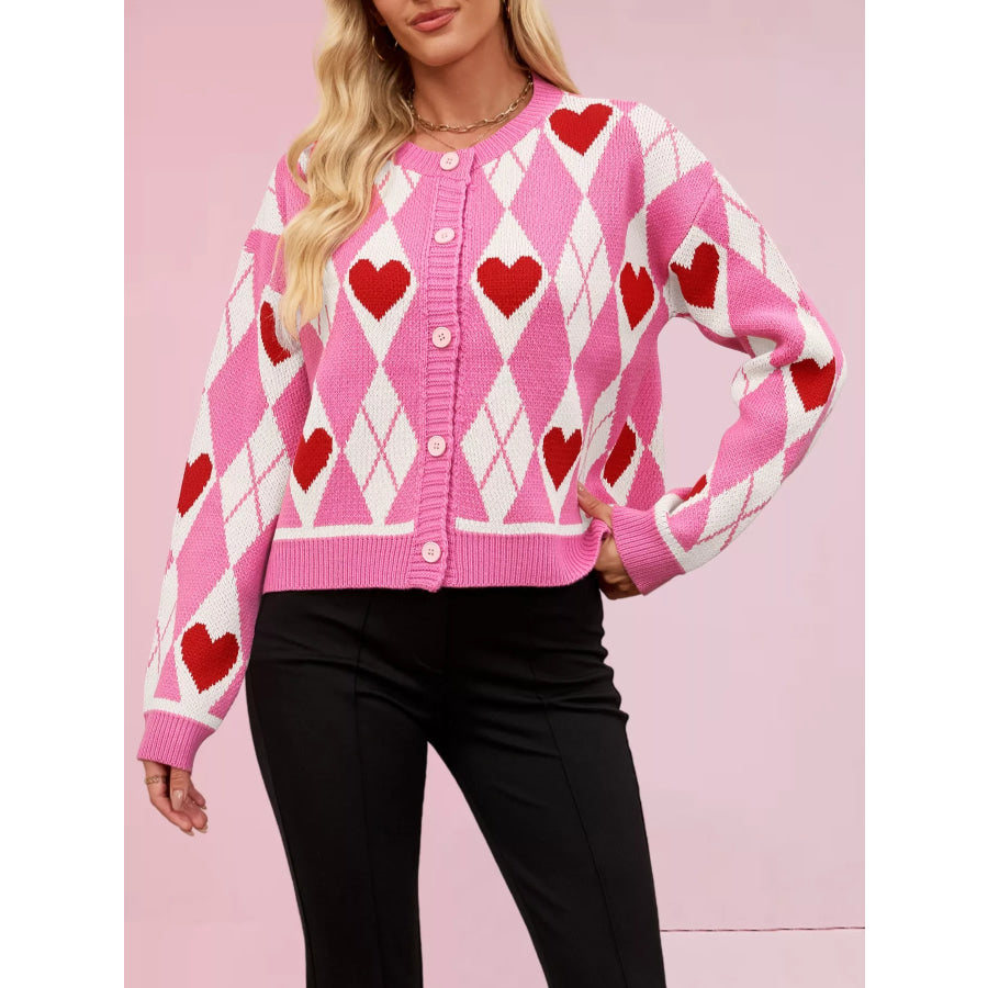 Heart Pattern Button-Up Cardigan Apparel and Accessories