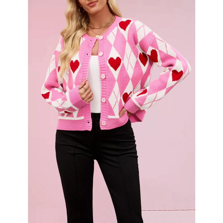 Heart Pattern Button-Up Cardigan Fuchsia Pink / S Apparel and Accessories