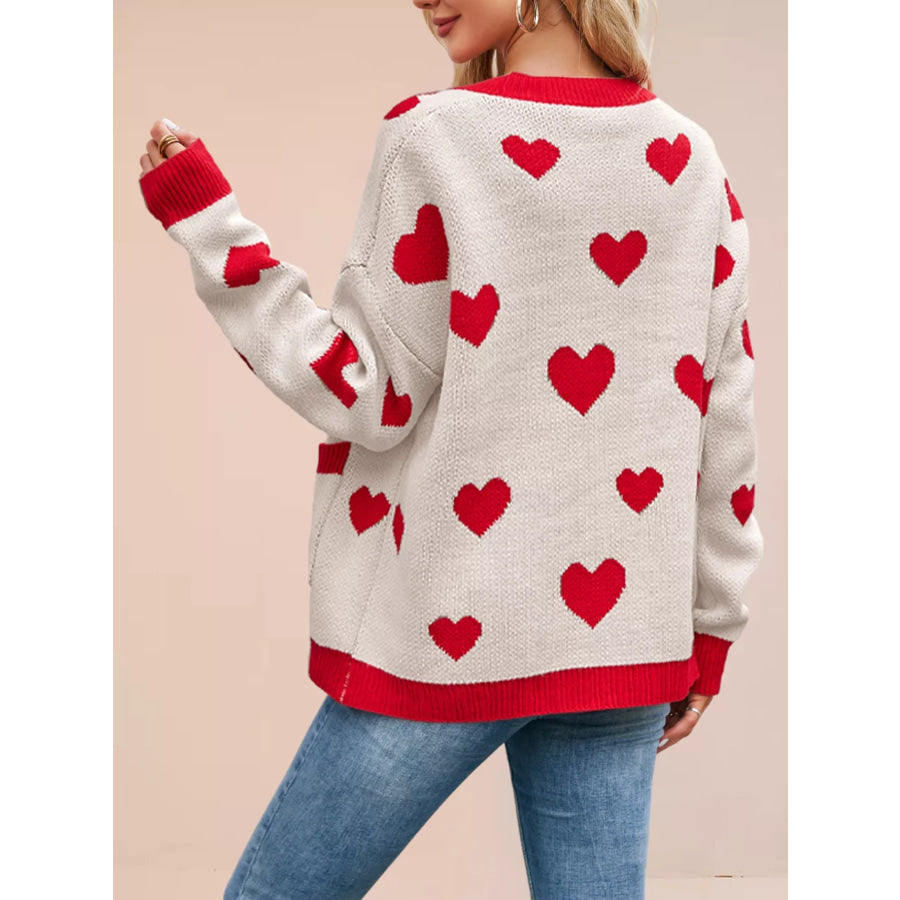 Heart Pattern Button-Up Knit Cardigan Apparel and Accessories