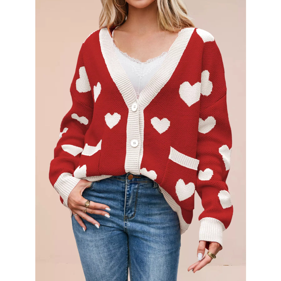 Heart Pattern Button-Up Knit Cardigan Apparel and Accessories
