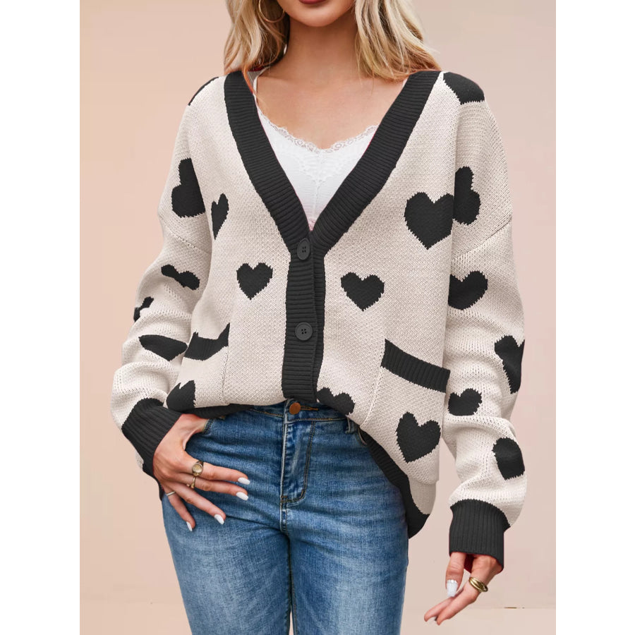 Heart Pattern Button-Up Knit Cardigan Apparel and Accessories