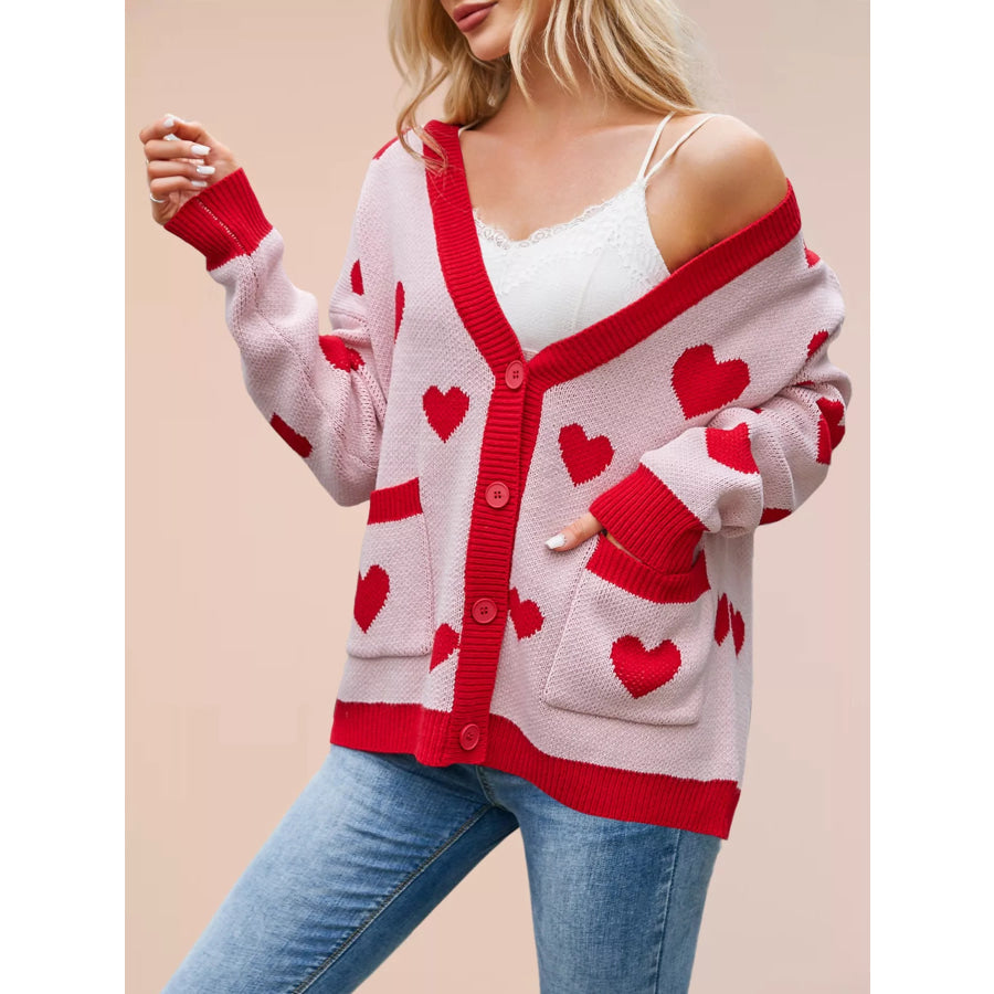 Heart Pattern Button-Up Knit Cardigan Apparel and Accessories