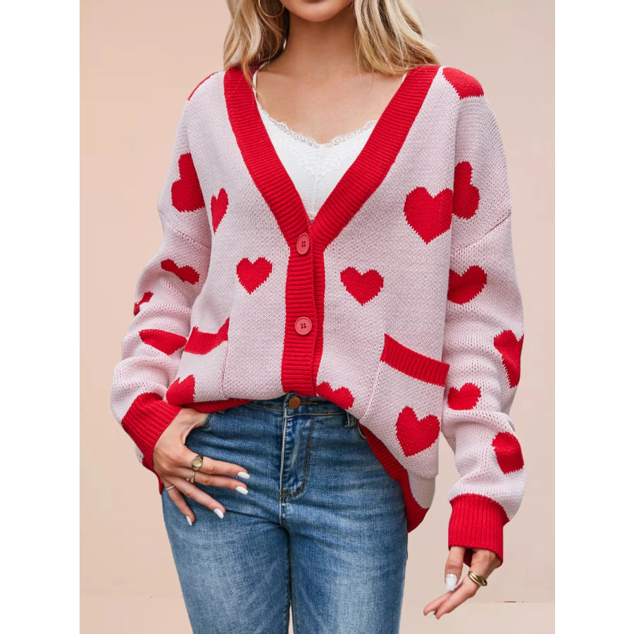 Heart Pattern Button-Up Knit Cardigan Apparel and Accessories