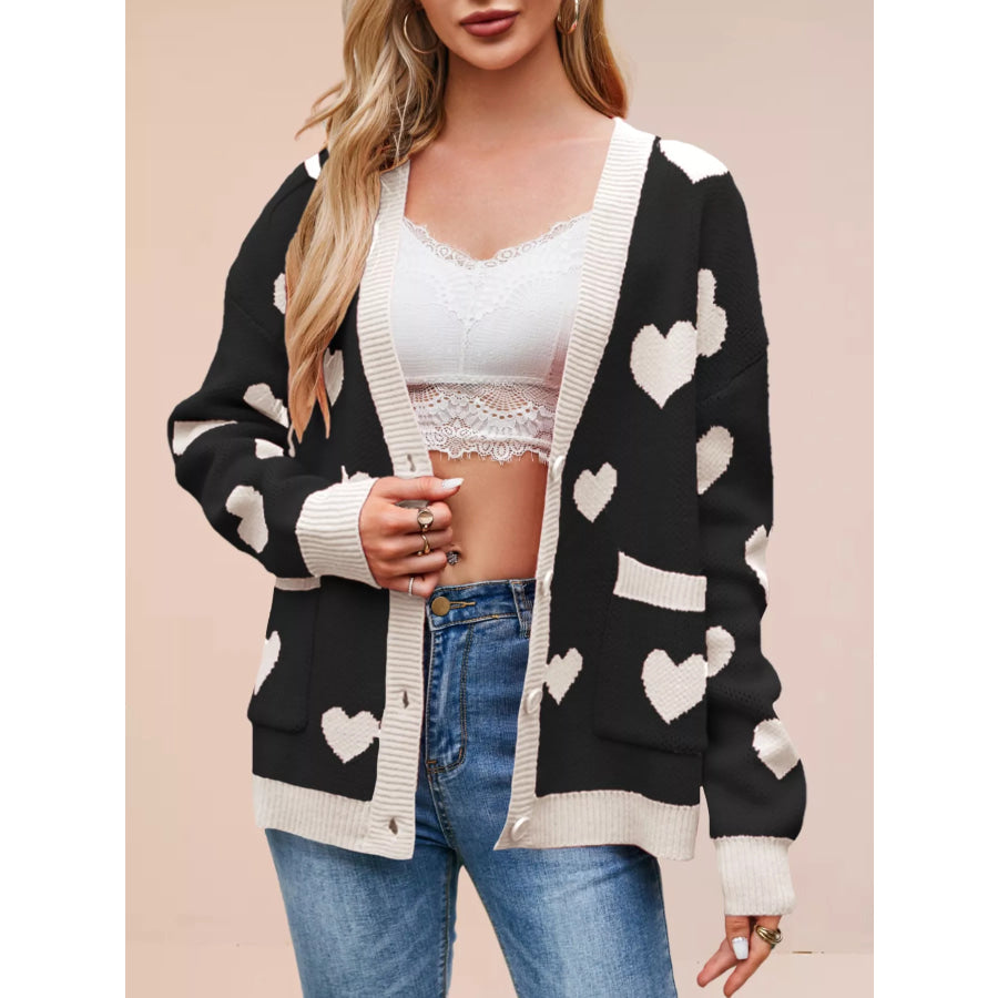 Heart Pattern Button-Up Knit Cardigan Apparel and Accessories