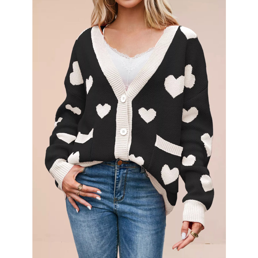Heart Pattern Button-Up Knit Cardigan Apparel and Accessories