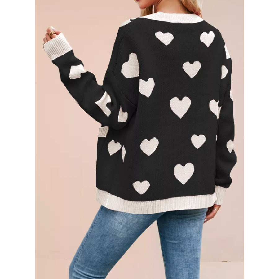 Heart Pattern Button-Up Knit Cardigan Apparel and Accessories
