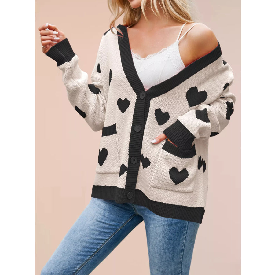 Heart Pattern Button-Up Knit Cardigan Apparel and Accessories