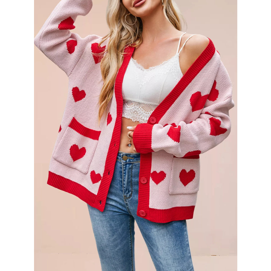 Heart Pattern Button-Up Knit Cardigan Apparel and Accessories