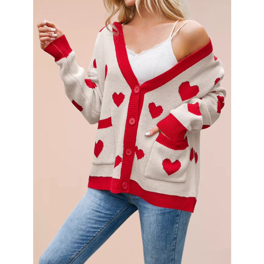 Heart Pattern Button-Up Knit Cardigan Apricot / S Apparel and Accessories