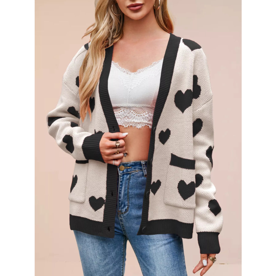 Heart Pattern Button-Up Knit Cardigan Black Apricot / S Apparel and Accessories