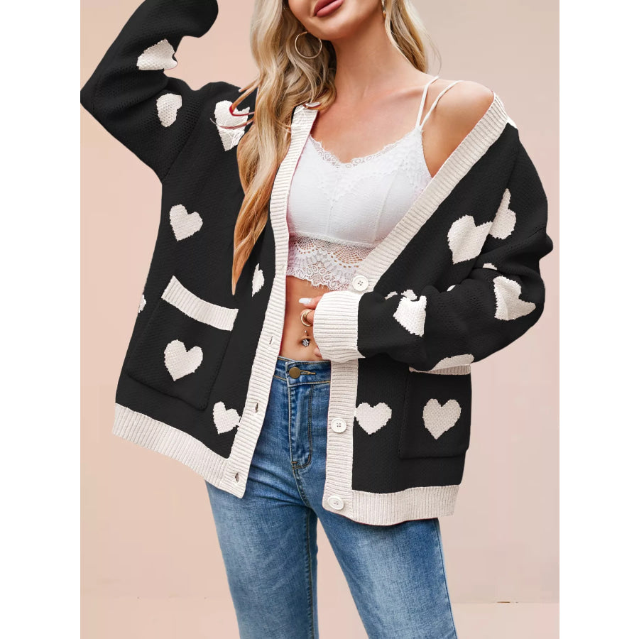 Heart Pattern Button-Up Knit Cardigan Black / S Apparel and Accessories