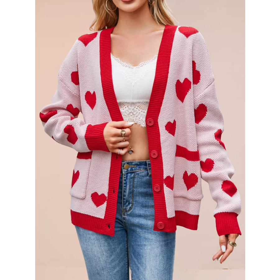 Heart Pattern Button-Up Knit Cardigan Pink / S Apparel and Accessories