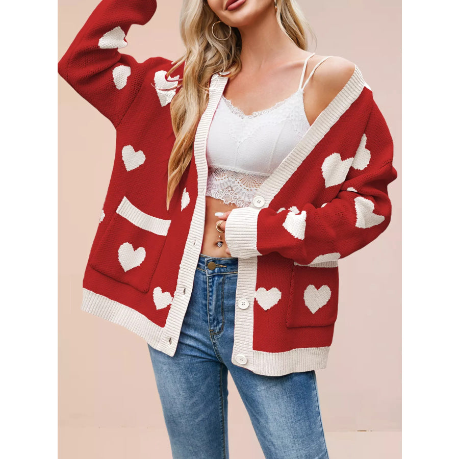 Heart Pattern Button-Up Knit Cardigan Red / S Apparel and Accessories