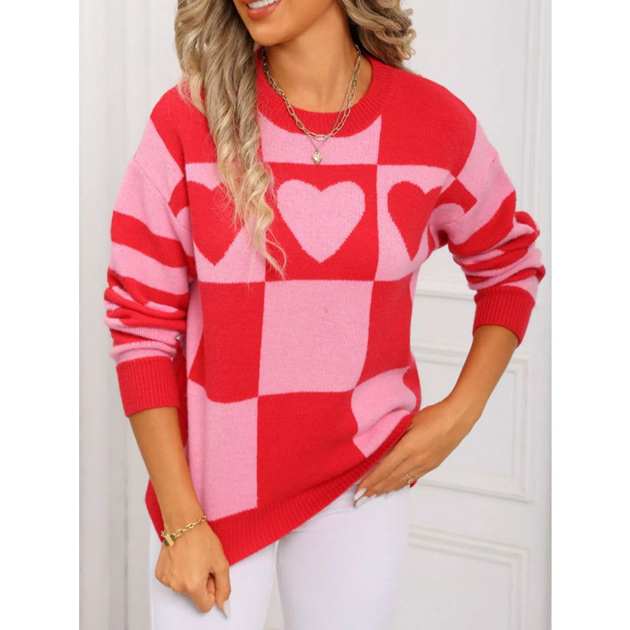 Heart Pattern Checkerboard Knit Sweater Apparel and Accessories