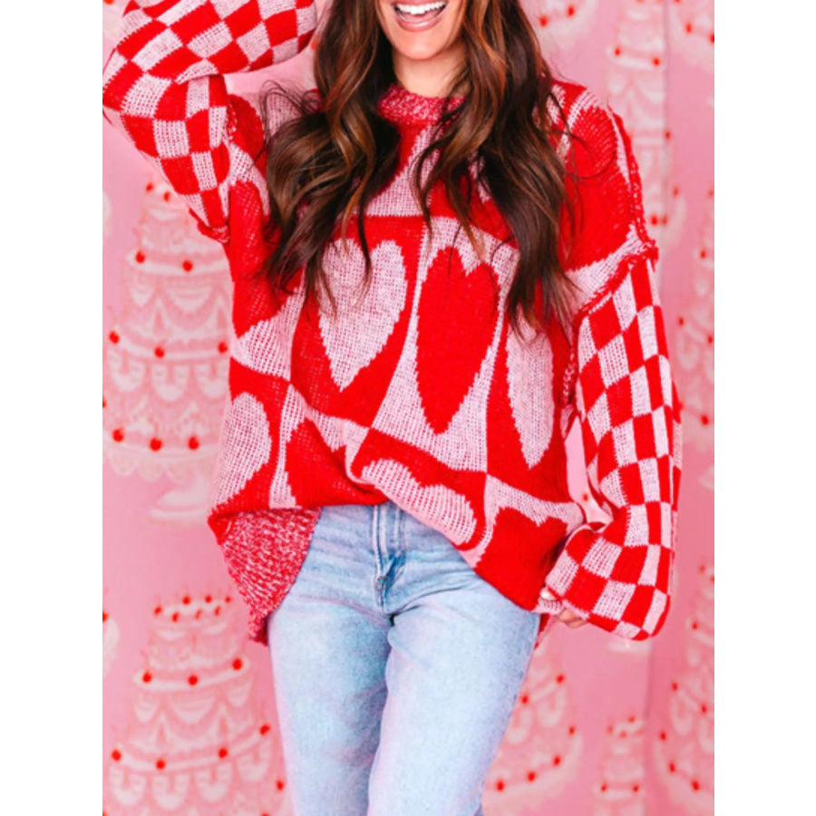 Heart Pattern Checkerboard Knit Sweater Apparel and Accessories