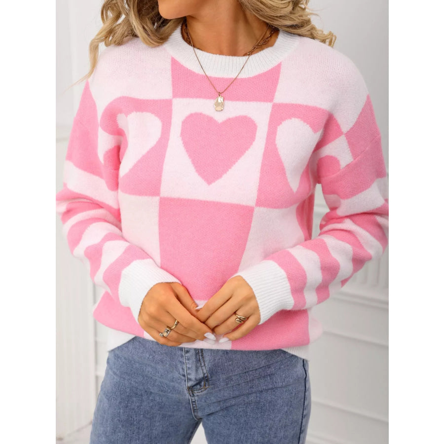 Heart Pattern Checkerboard Knit Sweater Blush Pink / S Apparel and Accessories
