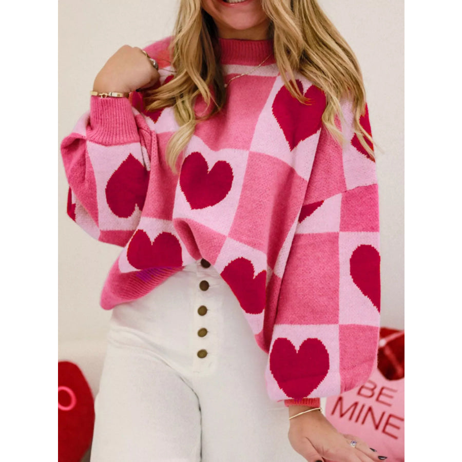 Heart Pattern Checkered Round Neck Sweater Apparel and Accessories