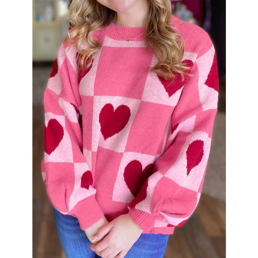 Heart Pattern Checkered Round Neck Sweater Apparel and Accessories