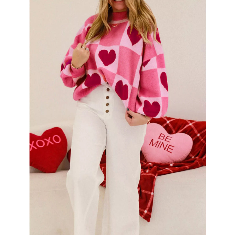 Heart Pattern Checkered Round Neck Sweater Strawberry / S Apparel and Accessories