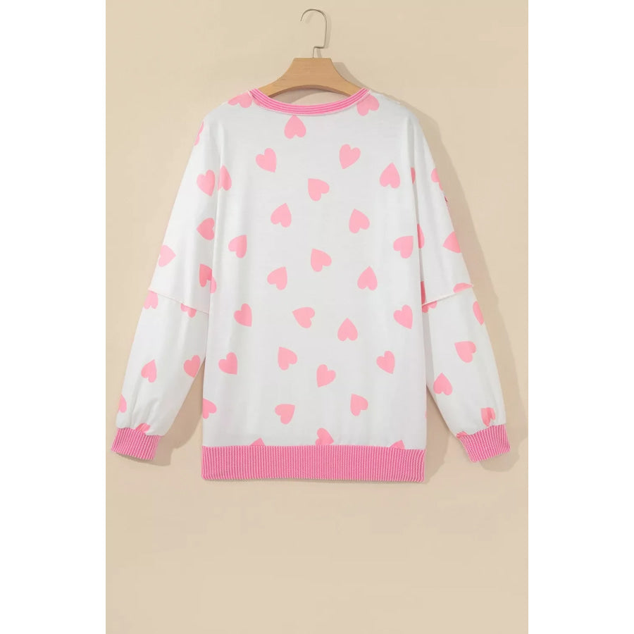 Heart Pattern Colorblock Ribbed Detail Side Slit Top Apparel and Accessories