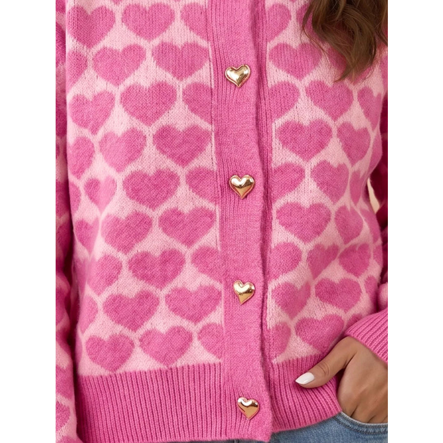 Heart Pattern Drop Shoulder Long Sleeve Button Front Cardigan Apparel and Accessories