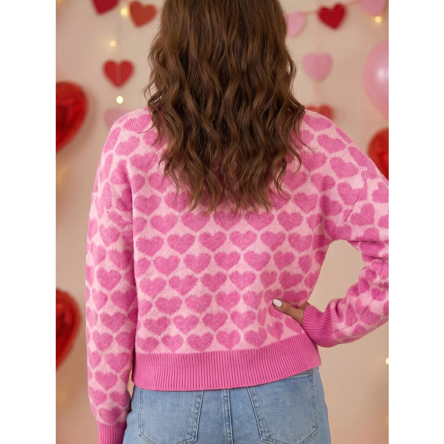 Heart Pattern Drop Shoulder Long Sleeve Button Front Cardigan Apparel and Accessories