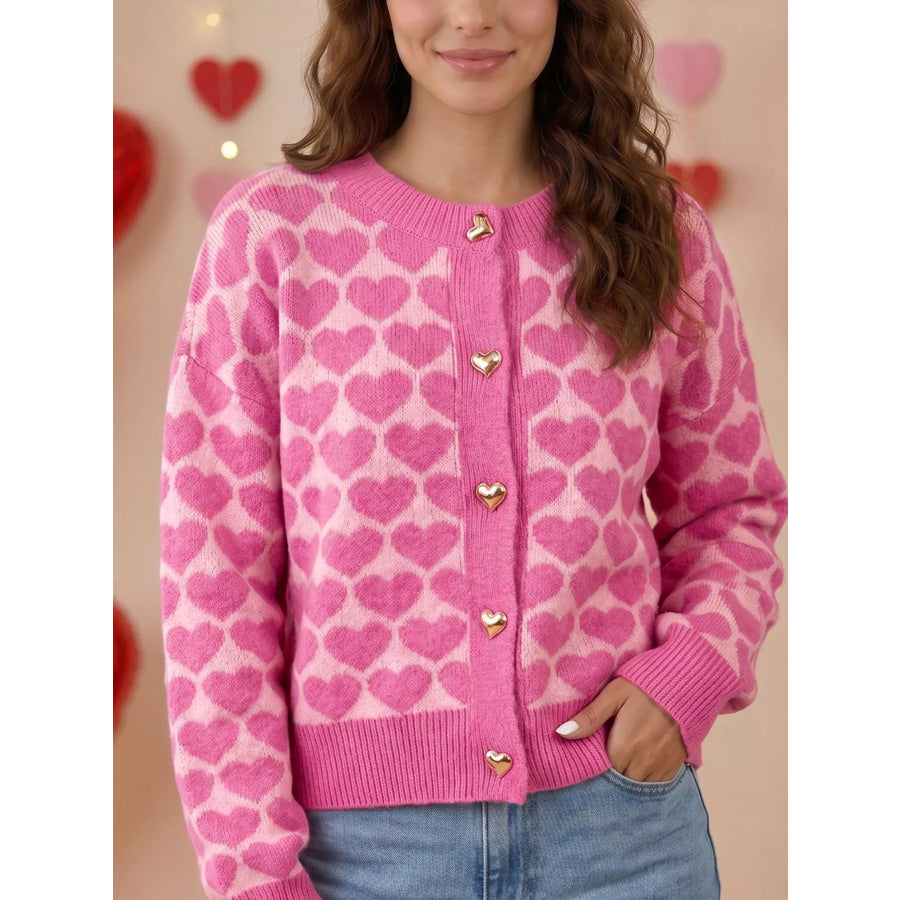 Heart Pattern Drop Shoulder Long Sleeve Button Front Cardigan Fuchsia Pink / S Apparel and Accessories