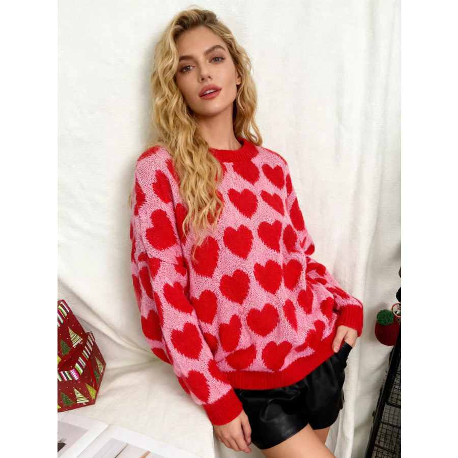 Heart Pattern Dropped Shoulder Sweater Apparel and Accessories
