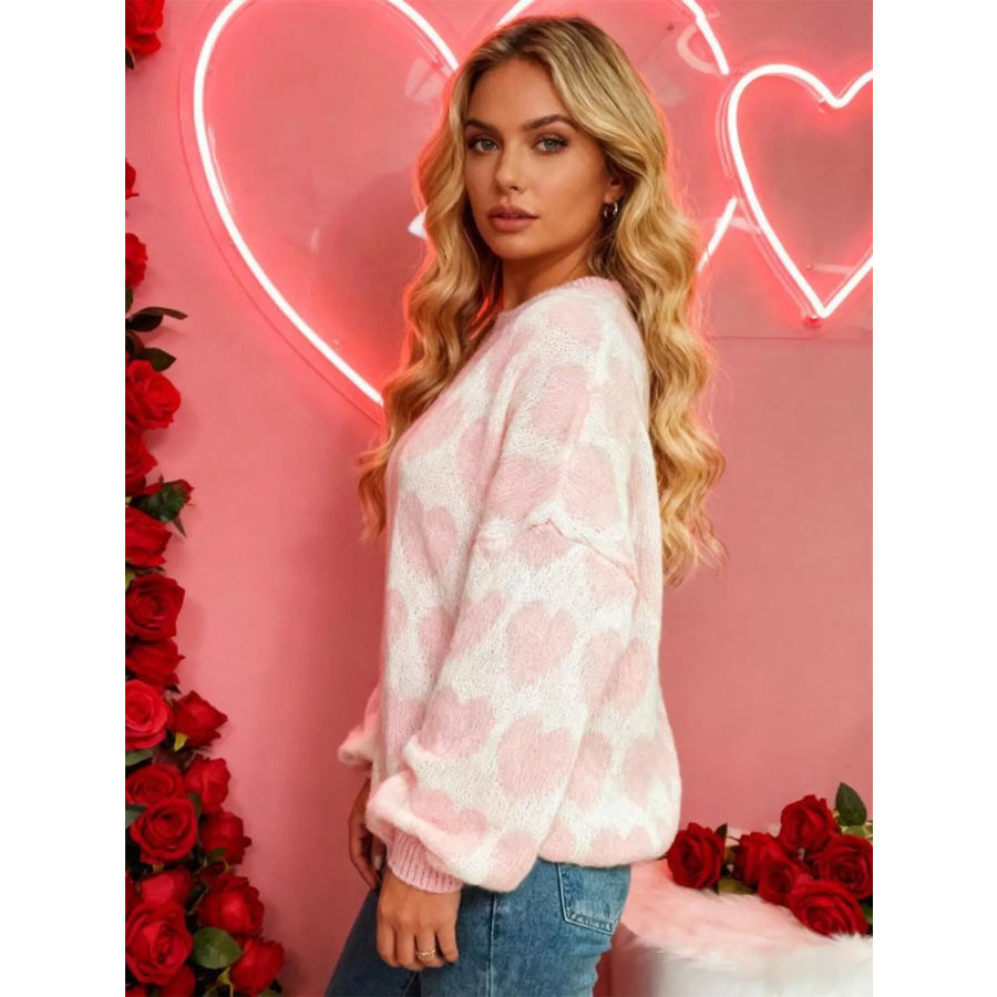 Heart Pattern Dropped Shoulder Sweater Apparel and Accessories