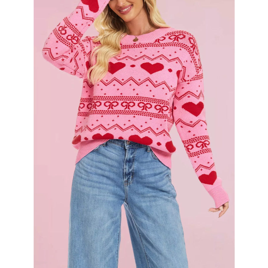 Heart Pattern Dropped Shoulder Sweater Apparel and Accessories