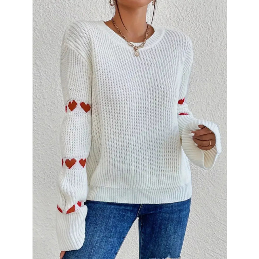 Heart Pattern Dropped Shoulder Sweater White / S Apparel and Accessories